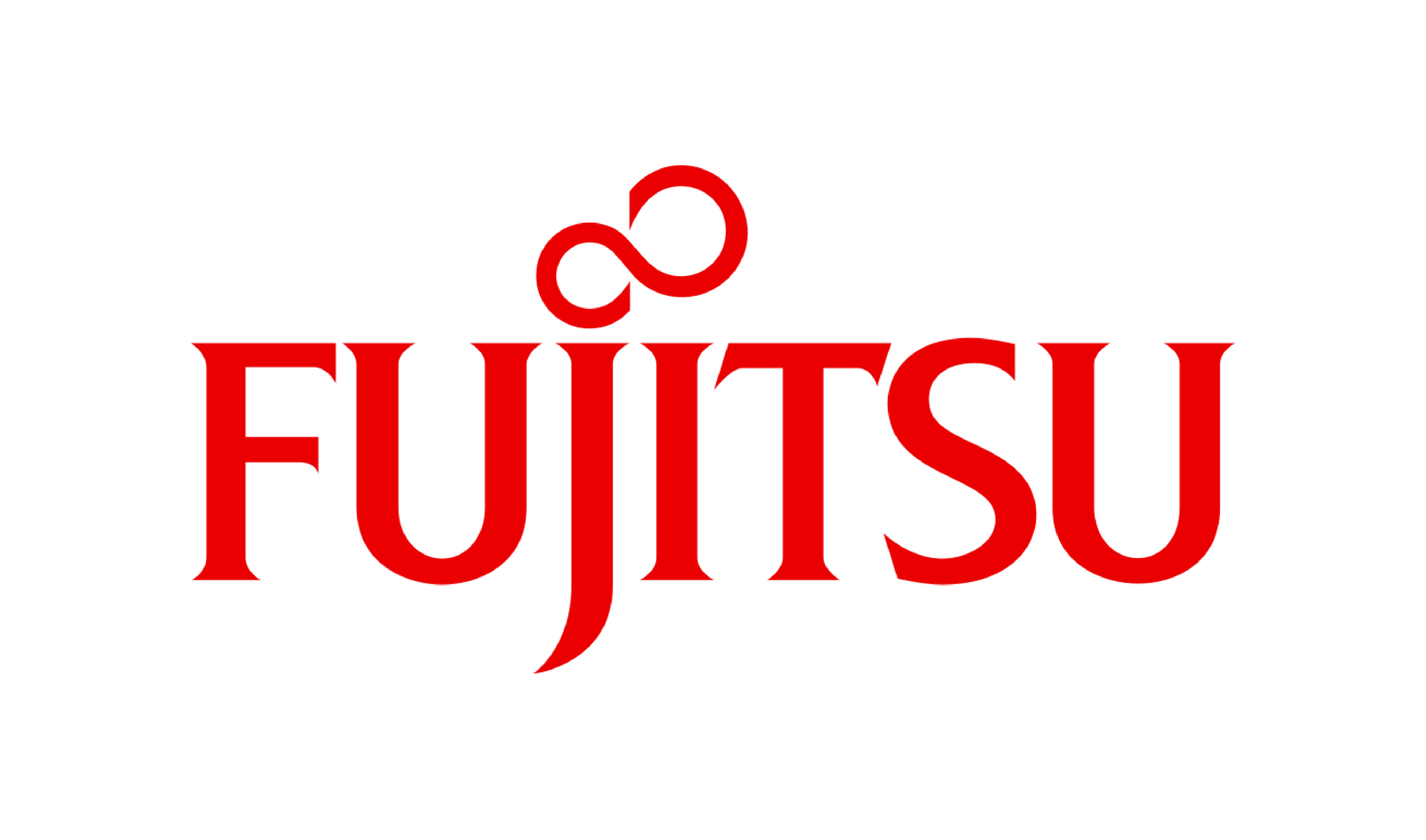Red Fujitsu logo with infinity symbol above text on white background.