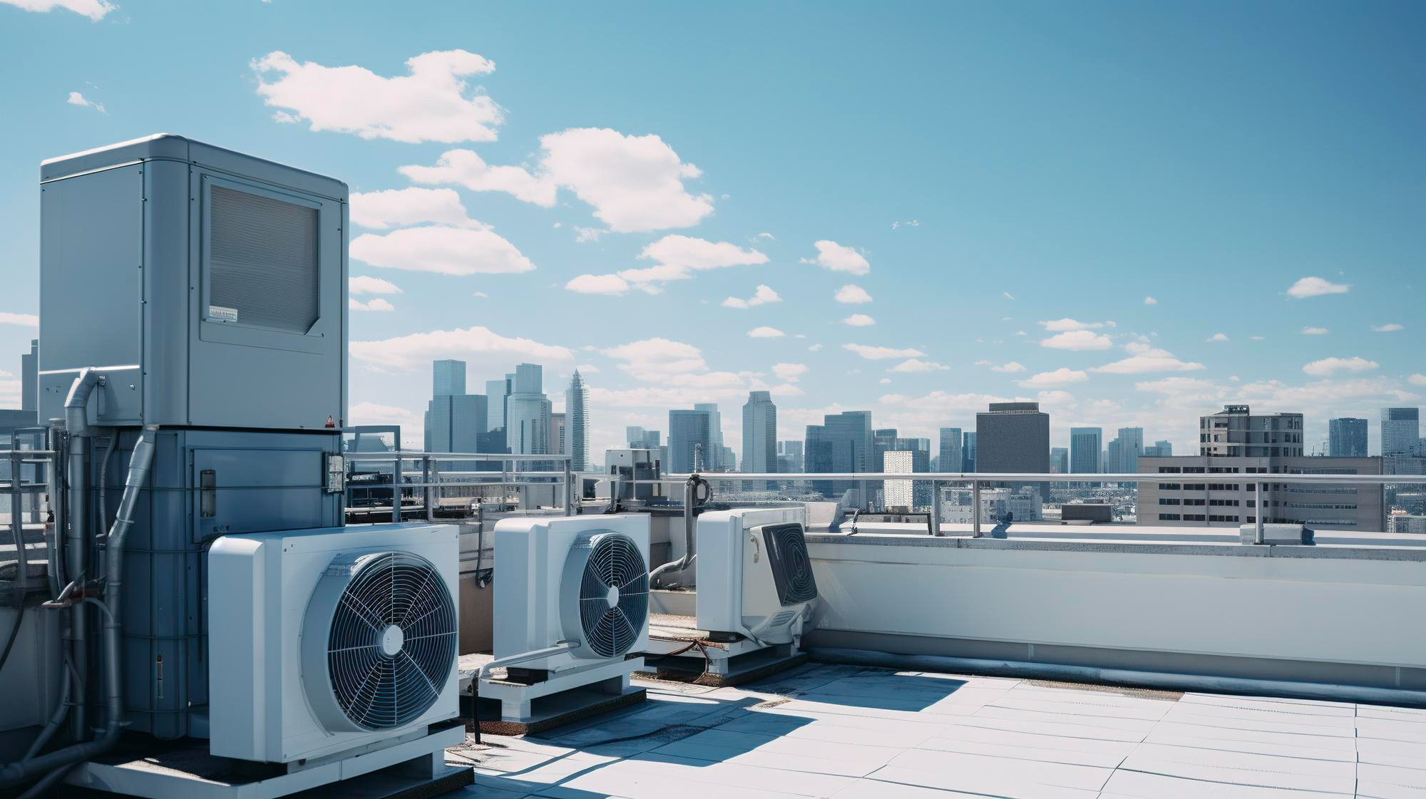 HVAC units on a sunny rooftop overlooking a modern city skyline.