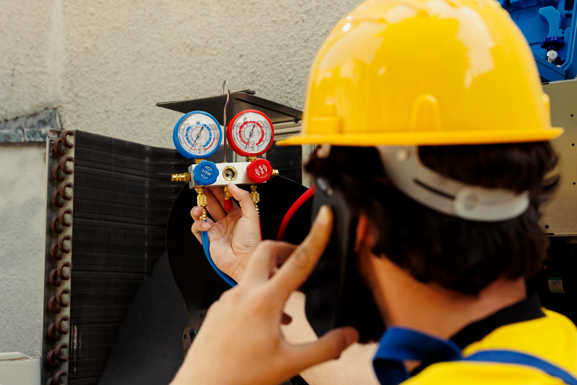 A technician in a yellow hard hat uses a manifold gauge set to service an outdoor air conditioning unit.