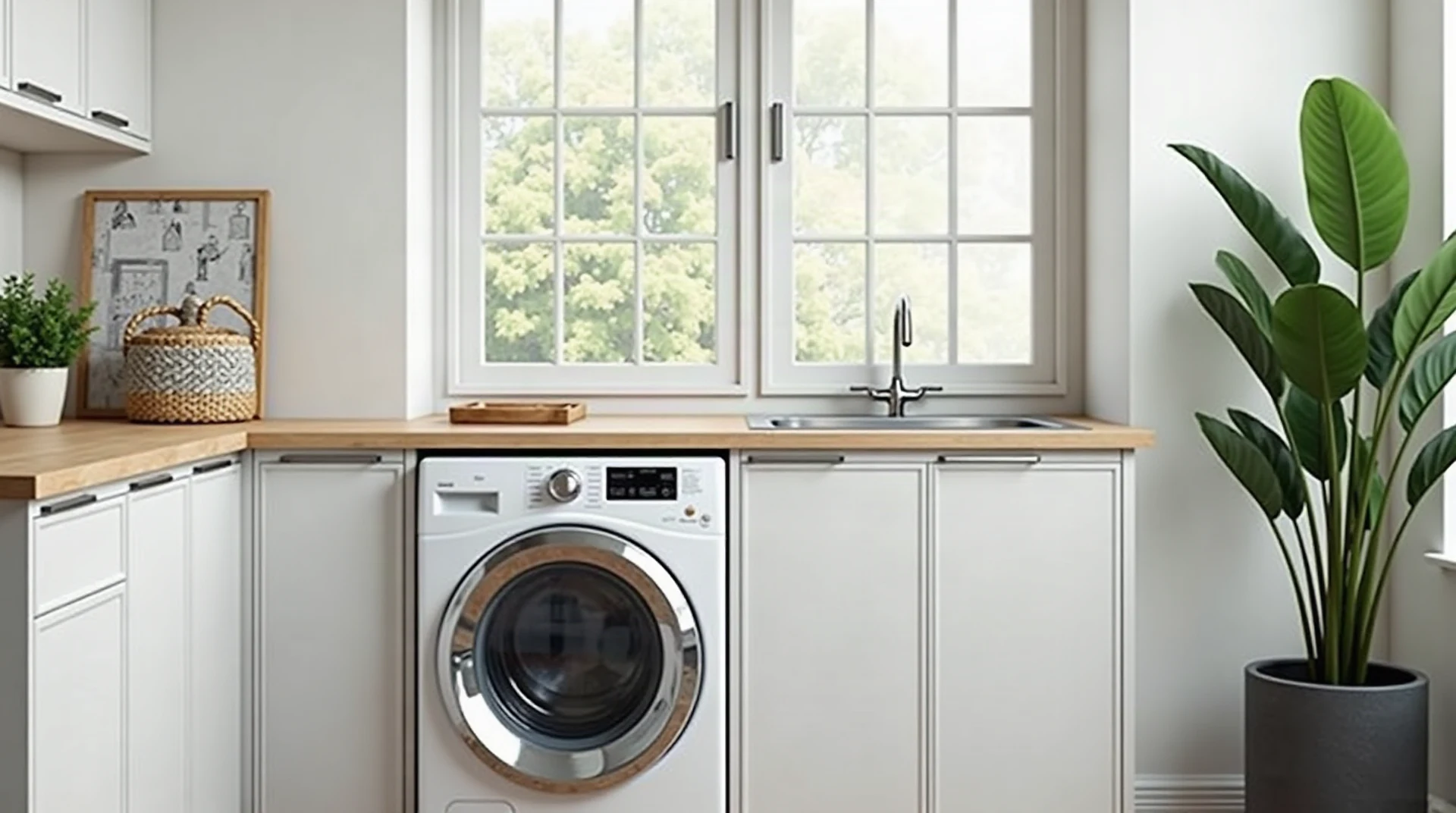 Photograph of a bright, tidy home laundry room with a modern front-loading clothes dryer beside a washer, white cabinets, plants, soft natural window light, no 