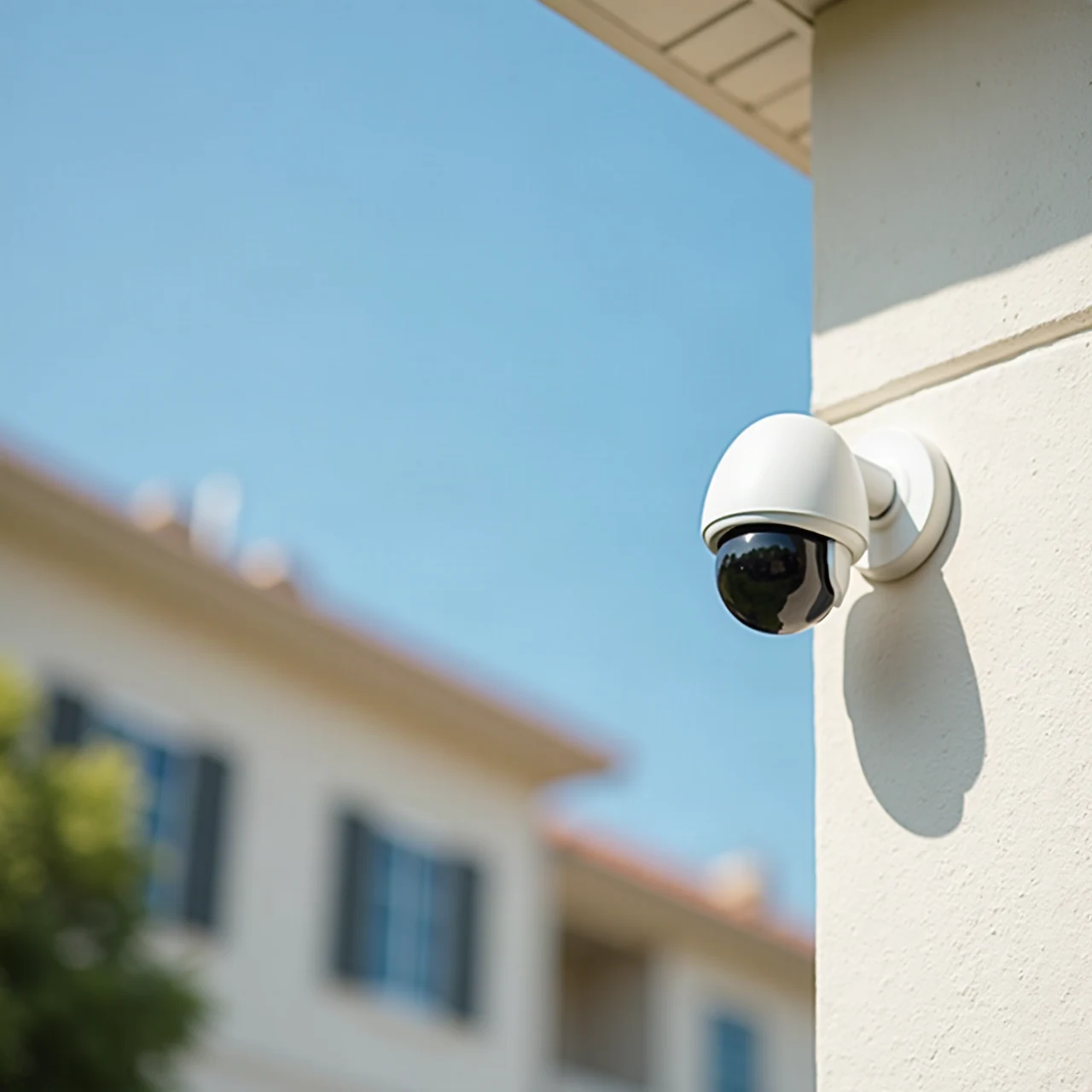 Photograph of a modern white dome security camera mounted under the eave of a suburban house exterior, soft daylight, blue sky, clean architectural detail, no t